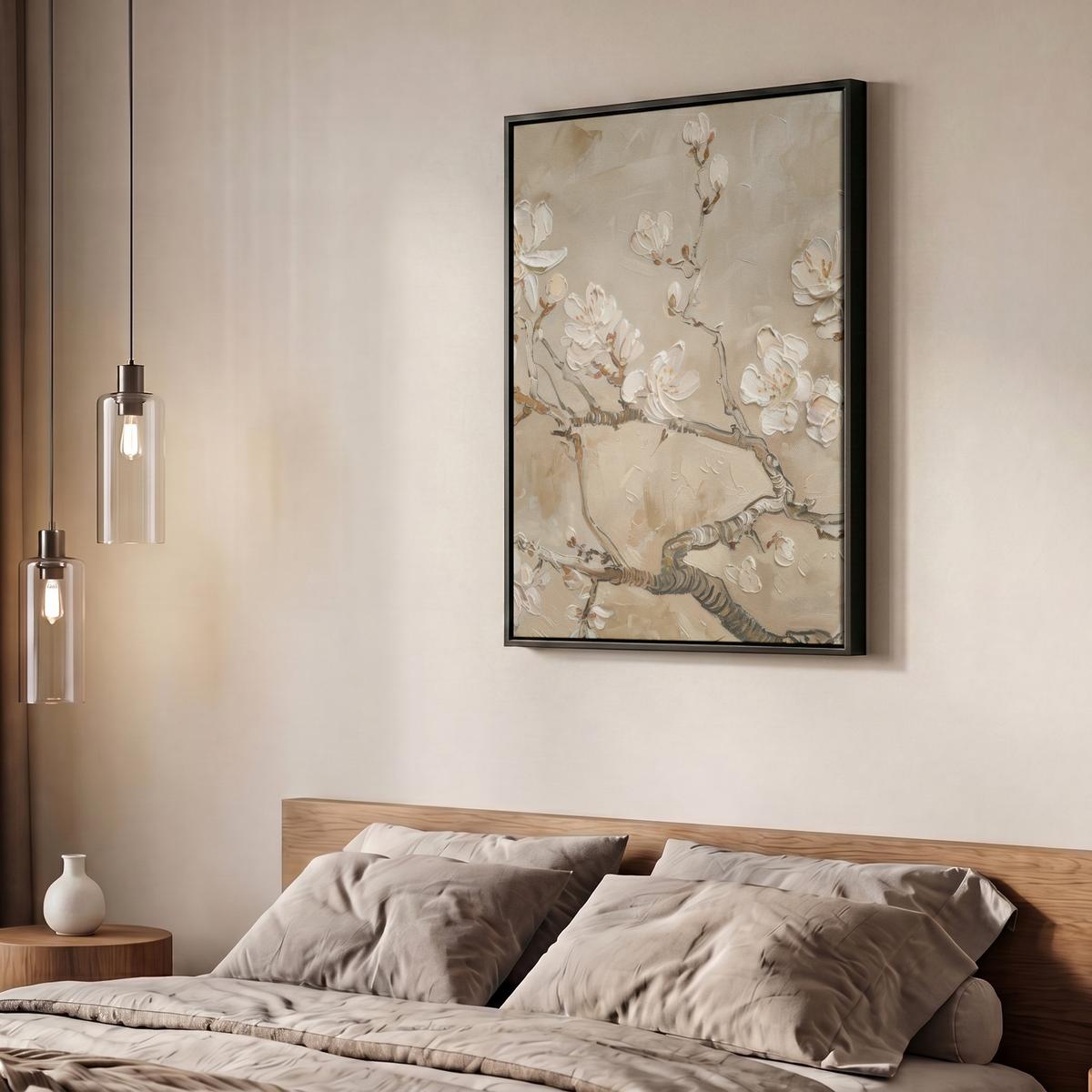 LEINWAND Bilder mit Rahmen - Blumen - Modern - Beige - Weiß - Blüte - 60x80 - Beige, Textil (60/80cm) - MuchoWow