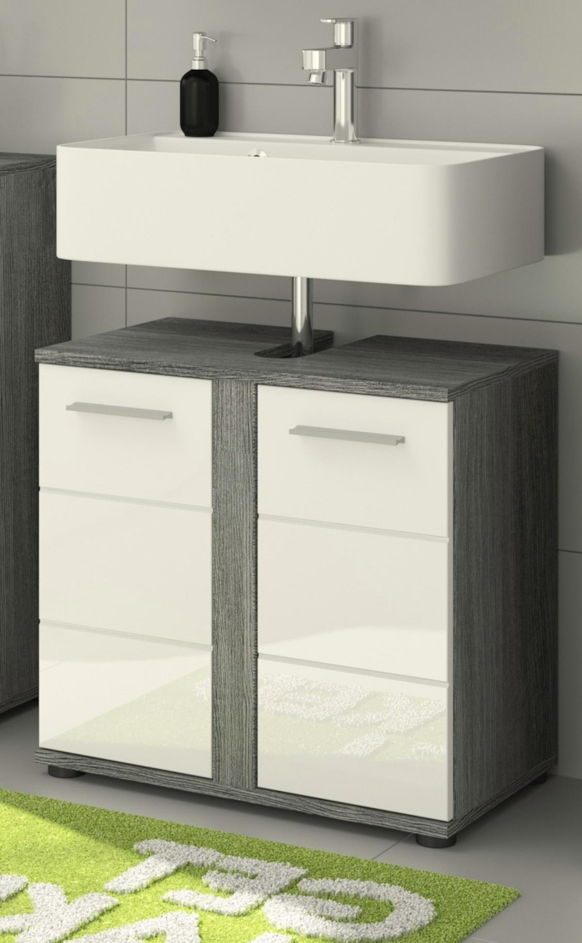 WASCHBECKENUNTERSCHRANK weiß Hochglanz, grau 60 cm, Badezimmer Unterschrank 2-türig - Weiß Hochglanz/Silberfarben, Holzwerkstoff/Kunststoff (60/57/34cm) - Inn.Furn
