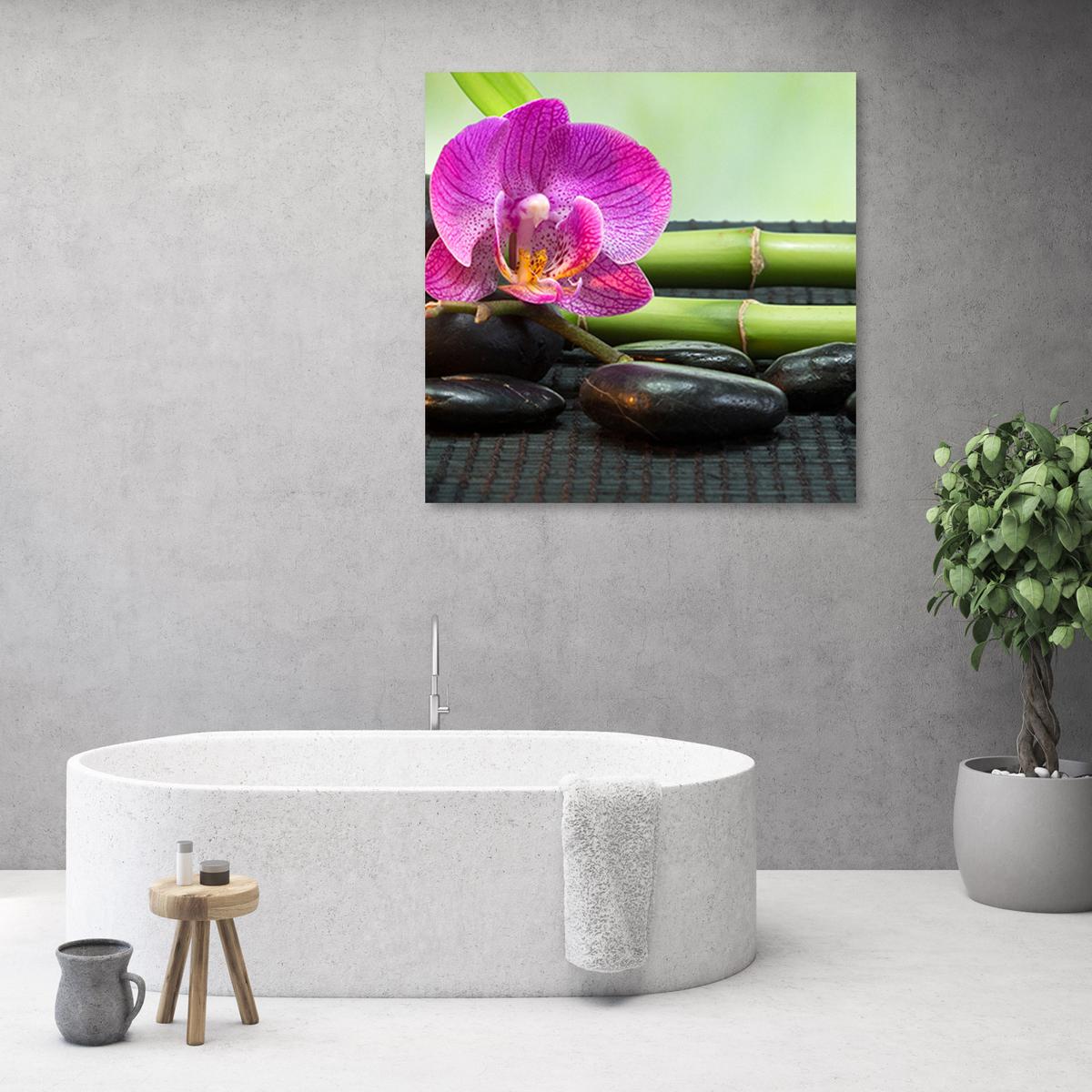 WANDBILD orchidee auf schwarzen steinen - Lila, Textil (30/30cm) - Feeby