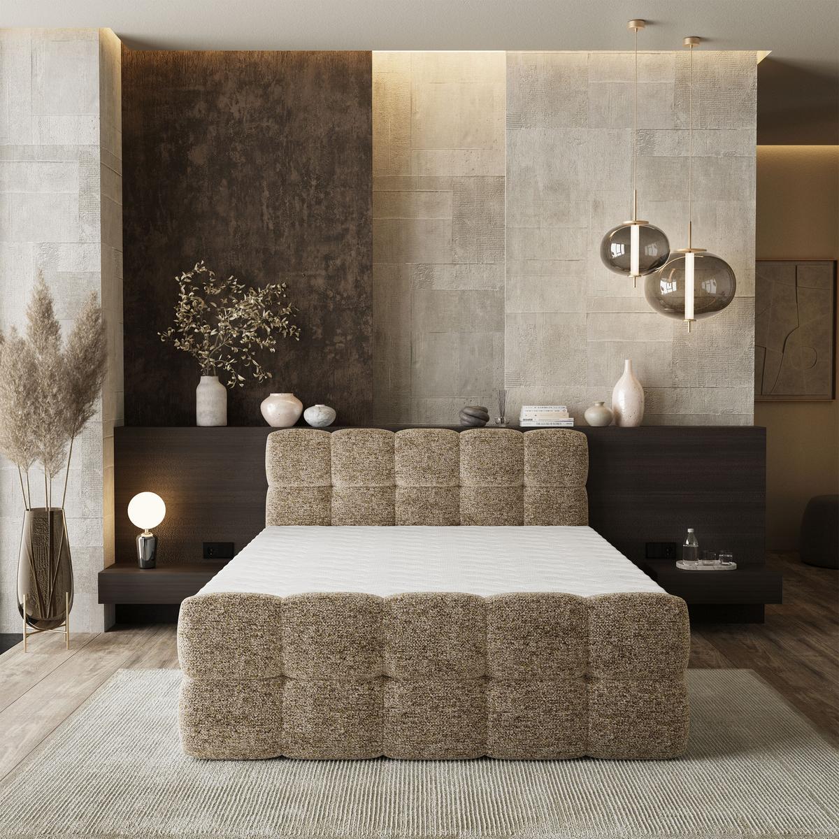BOXBETT BRUME 160x200 cm mit Matratze und Topper, H2+H3 - Beige - Beige, Holz (160/200cm) - MASSENO