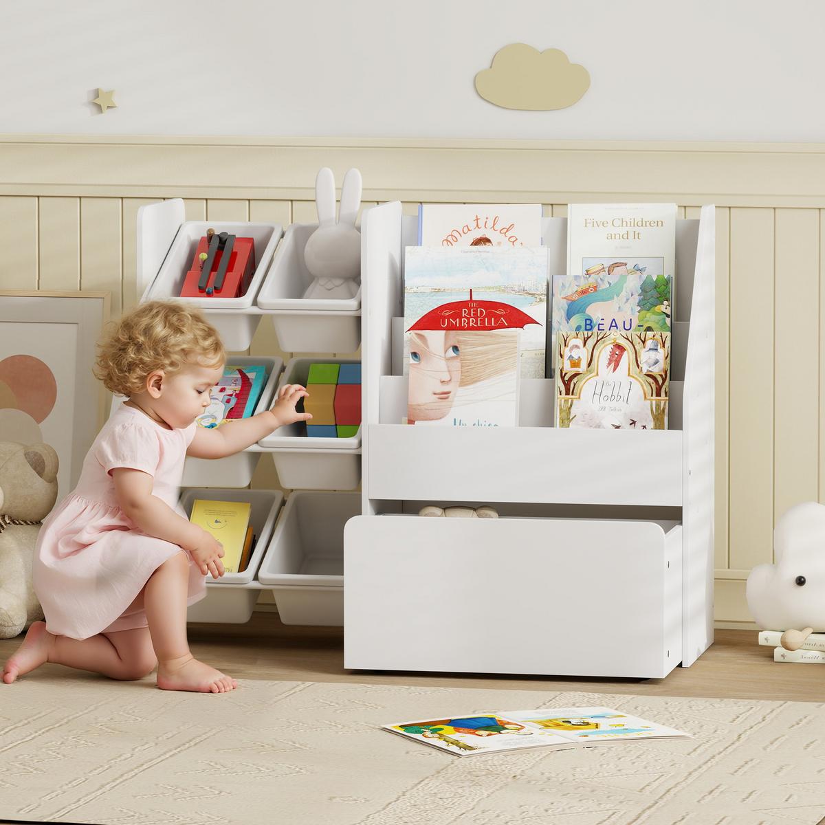 KINDERREGAL Bücherregal mit 6 herausnehmbaren Boxen Ablagen - Weiß, Holzwerkstoff (30/80/100cm) - AIYAPLAY