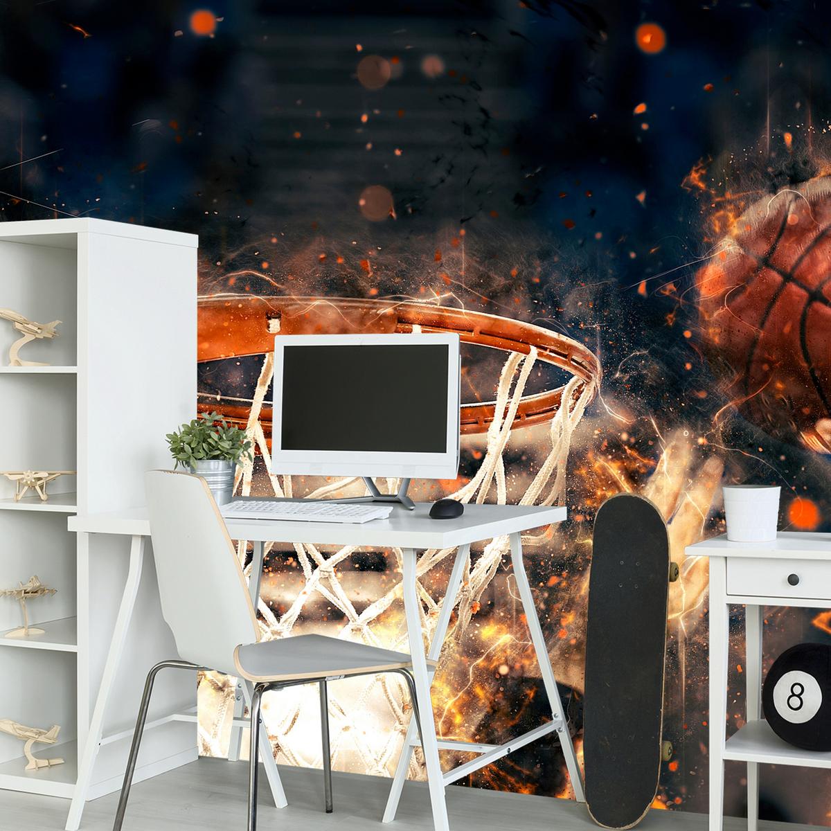 FOTOTAPETE für Jugendzimmer Aquarell Basketball Dunk Sport 400x280 - Beige/Schwarz, Papier (400/280cm) - Muralo