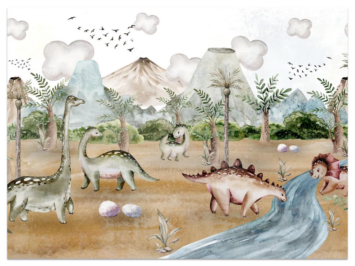 FOTOTAPETE für Kinderzimmer Dinosaurier Welt Vulkane Aquarell Tropische Bäume 300x210 - Blau/Beige, Papier (300/210cm) - Muralo