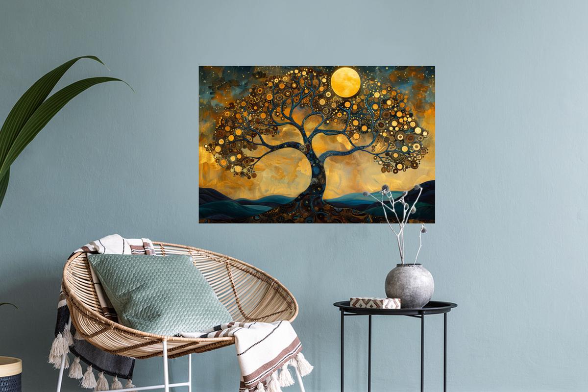 WANDTATTOO Baum - Mond - Blumen - Gold - Kunst Deko Wohnzimmer 60x40 cm - Orange, Kunststoff (60/40/0.1cm) - MuchoWow