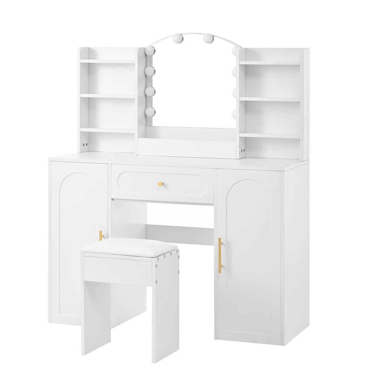 SCHMINKTISCH LED mit Hocker Spiegel Stauraum - Weiß, Holzwerkstoff (110/132/40cm) - Urban Meuble