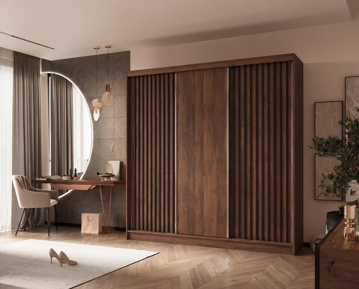 SCHWEBETÜRENSCHRANK LAMELLO 240/216/61 cm Modern Kleiderschrank 3-türig Nussbaumfarben - Nussbaumfarben, Holzwerkstoff (240/216/61cm) - MASSENO