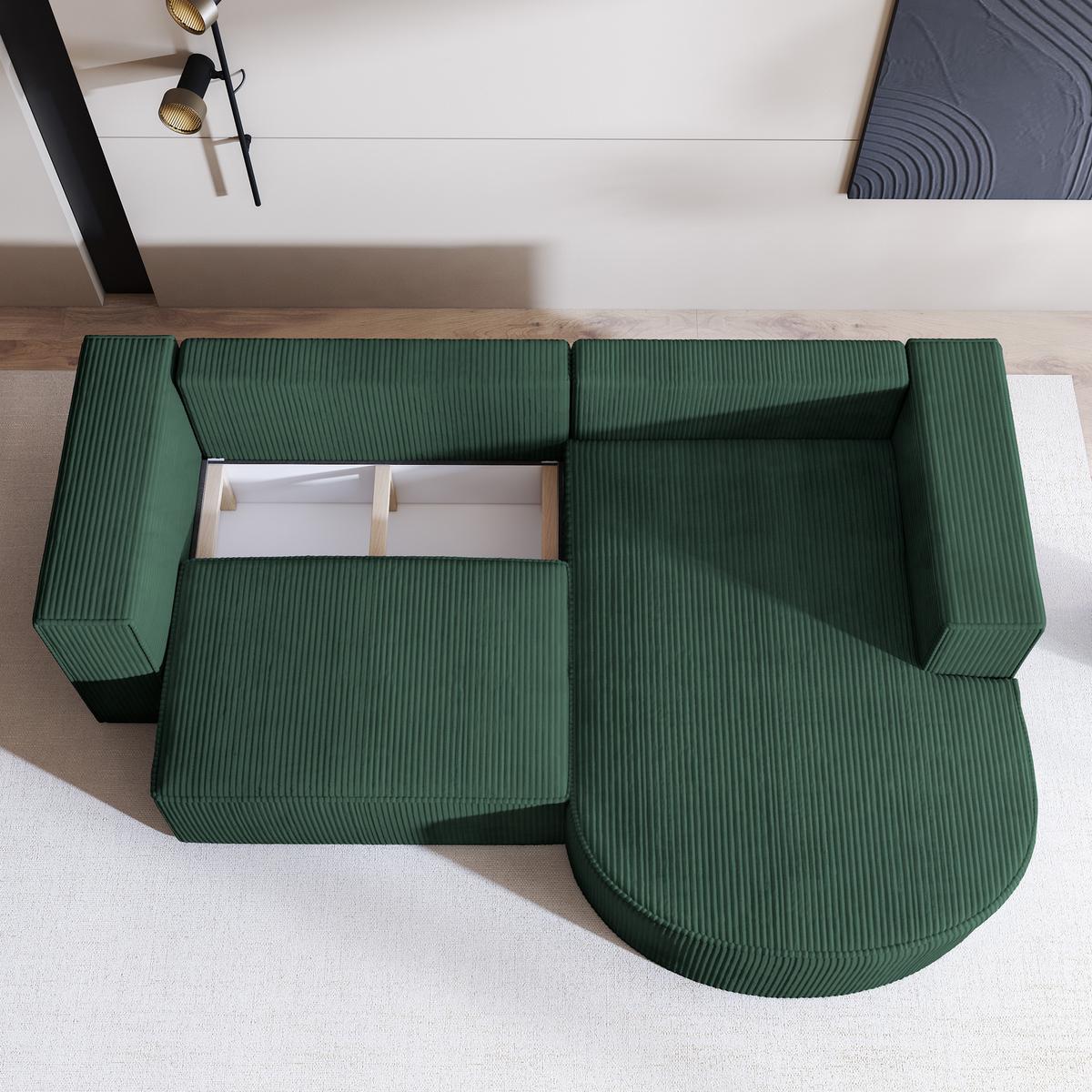 ECKSOFA SORELA P R-S Grün Kordstoff mit Schlaffunktion - Grün, Holz (263/174cm) - MASSENO