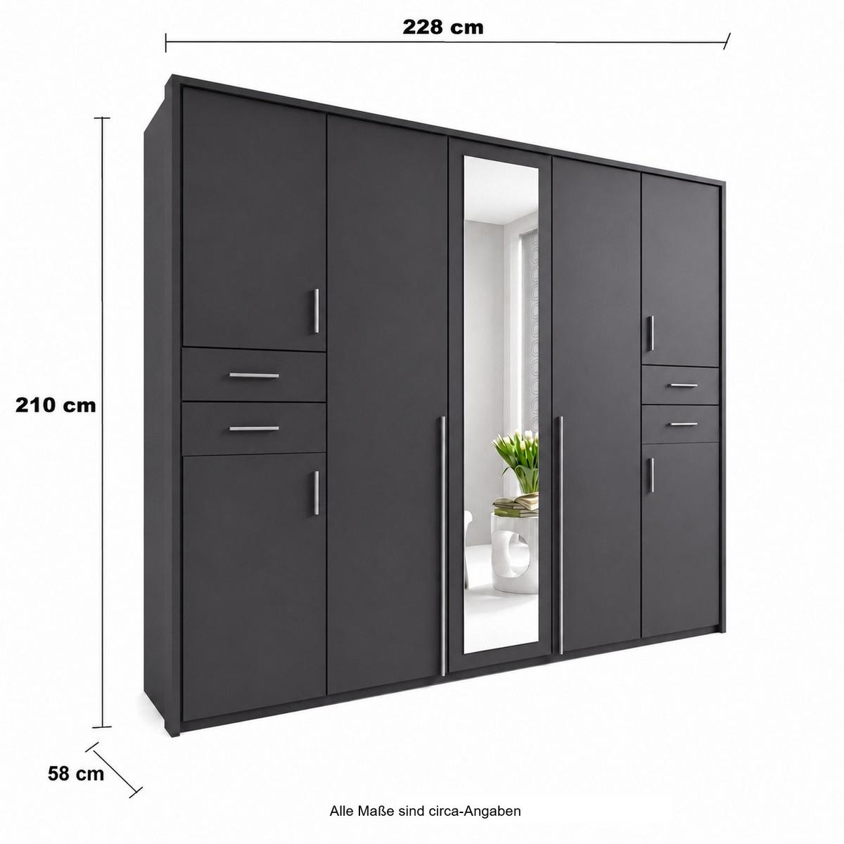 DREHTÜRENSCHRANK B228/H210/T58 cm in Grafit, Kleiderschrank mit Passepartout & 1 Spiegeltür & Schubkästen / 22571 - Silberfarben/Graphitfarben, Holzwerkstoff/Kunststoff (228/210/58cm) - luma-home