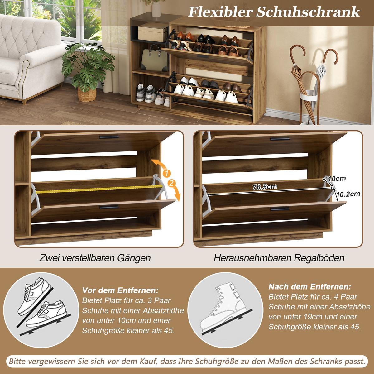 SCHUHESCHRANK mit 3 offene Fächer & 2 Klappfächer Natur+Schwarz - Naturfarben, Holzwerkstoff (120/84.5/32cm) - Urban Meuble