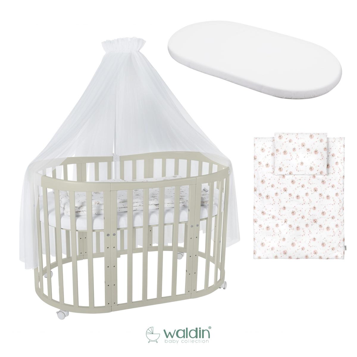BABYBETT OLIVE OVAL 7in1 mit Matratze und Himmelset - Olivgrün/Weiß, Holz/Textil (73/125cm) - waldin