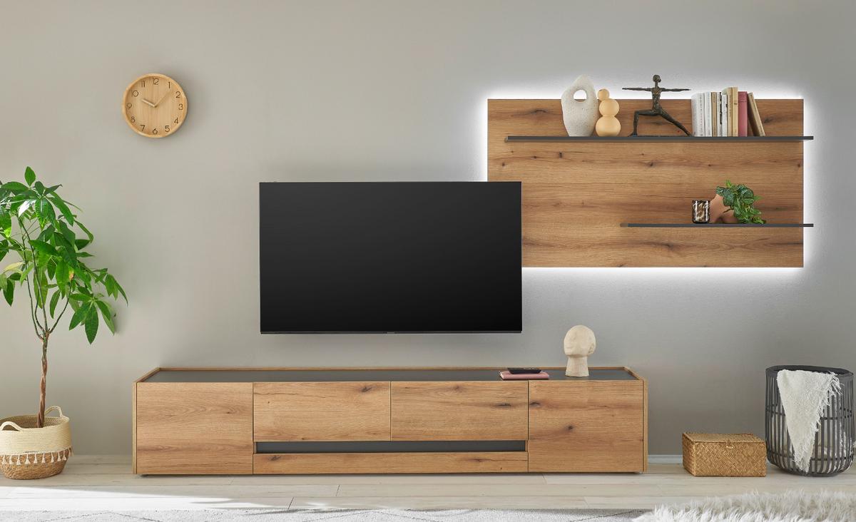TV-LOWBOARD Eiche Evoke, grau 223 cm, großer TV Unterschrank mit viel Stauraum - Eichefarben/Schwarz, Holzwerkstoff/Kunststoff (223/40/45cm) - Furn.Design