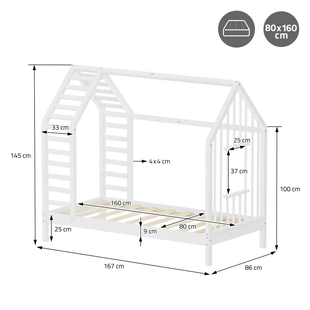 KINDERBETT 80x160 cm mit Lattenrost Dach und Fenster Hausbett aus massivem Kiefernholz Weiß - Weiß, Holz (80/160cm) - ML-DESIGN