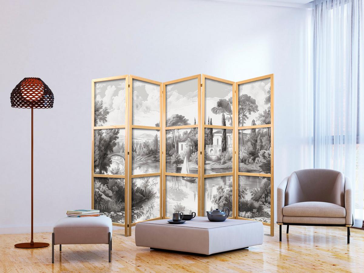 PARAVENT Japanischer 5-tlg 225x172 cm Schwarz-Wei e Landschaft - Grau, Holz/Textil (225/172/3cm) - Muralo