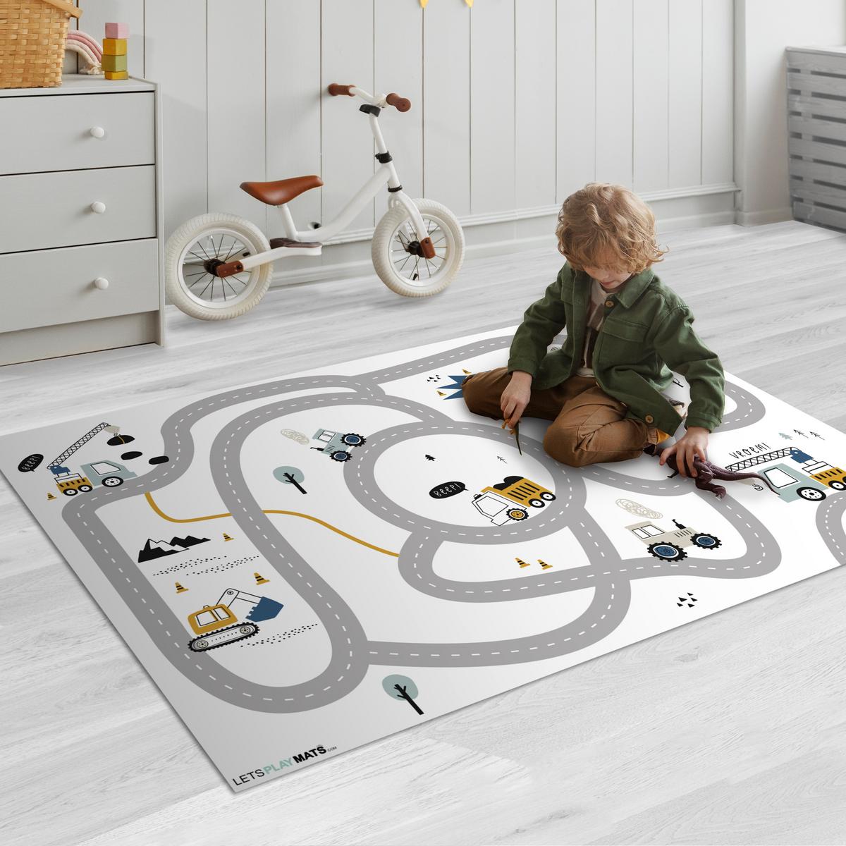 KINDERTEPPICH Baustelle - Bagger - Auto - Regenbogen - Design Spielmatte 135x90 cm - Weiß, Kunststoff (135/0.3cm) - OnlyWow