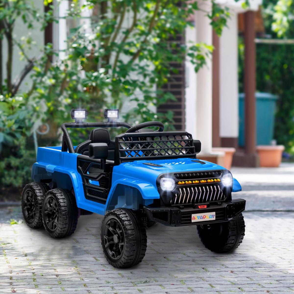 12V Elektrisches Kinderauto, mit Lichtern, Musik und Hupe, 3-8 Jahre, Hellblau - Blau, Kunststoff (122/62.5/65cm) - AIYAPLAY