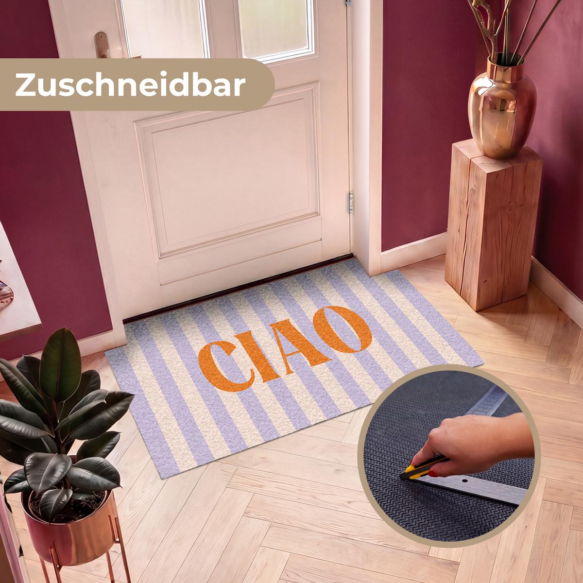 FUSSMATTE Ciao - Zitat - Pastell - Streifen Schmutzfangmatte 120x80 cm - Flieder, Kunststoff (120/0.4cm) - MuchoWow
