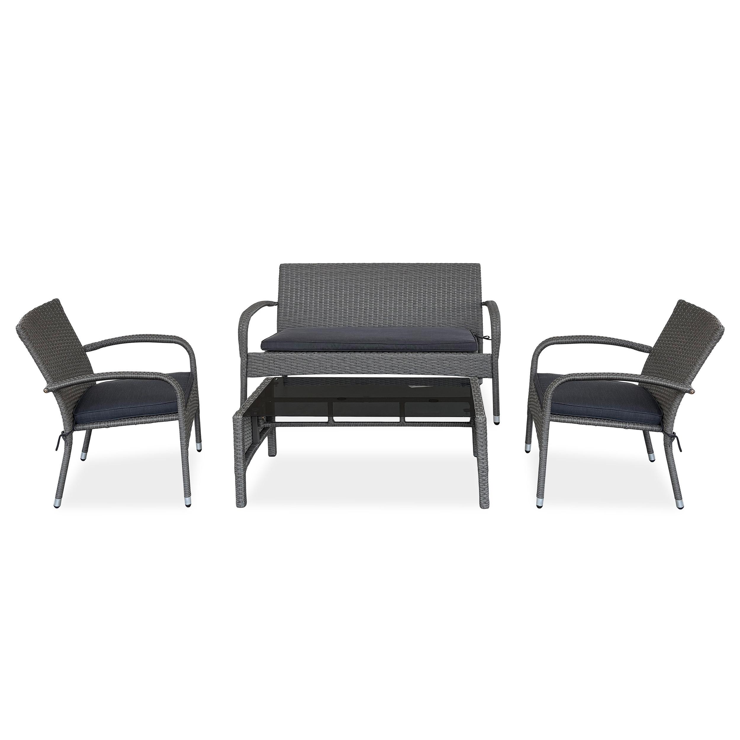 GARTENSET Montero Sofa, 2 Sessel und Tisch mit gehärtetem Glas, Metall+Technorattan - Dunkelgrau/Grau, Metall - Beautysofa