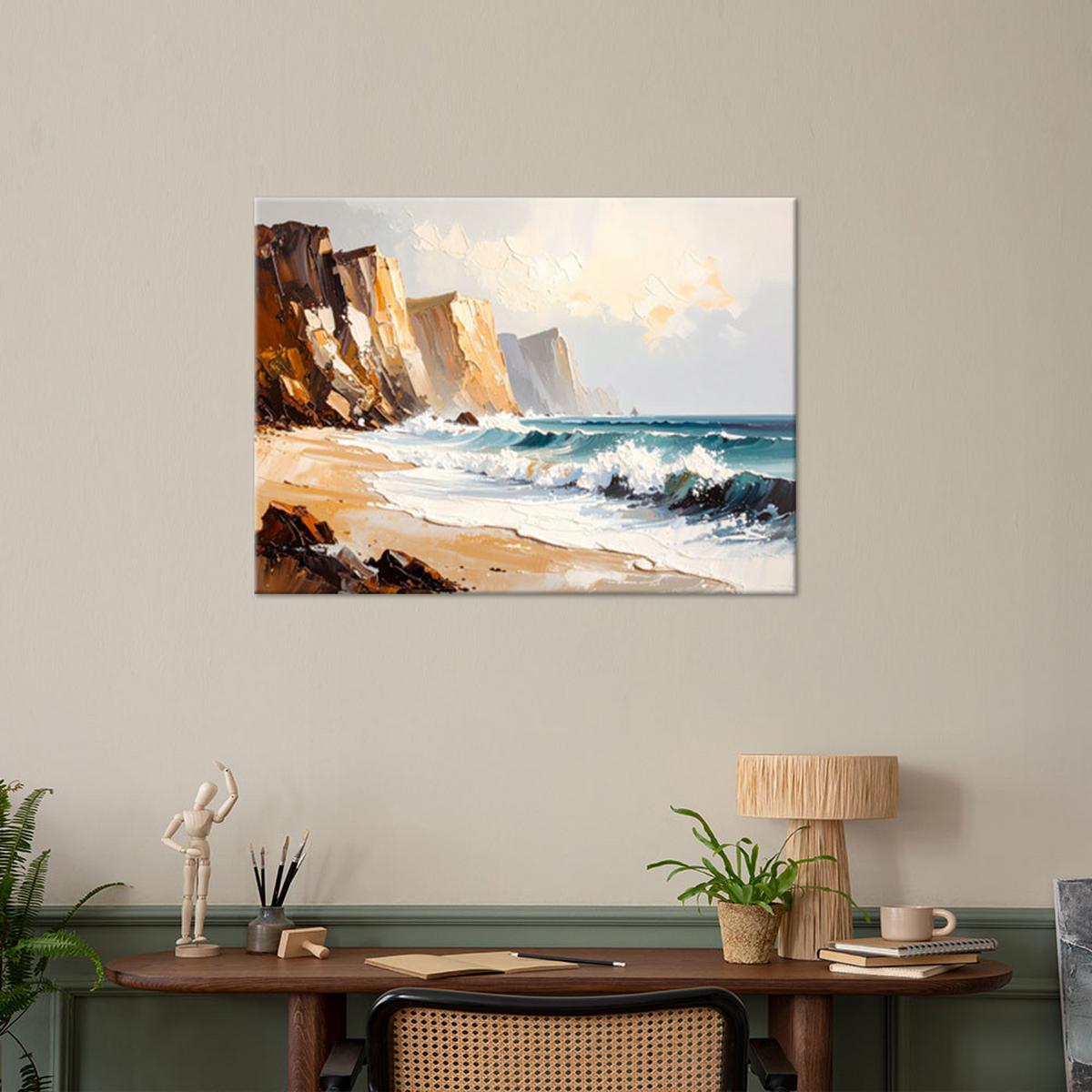 LEINWANDBILD Felsen Strand Meer wie gemalt 90x60cm - Beige, Textil (90/60cm) - Feeby