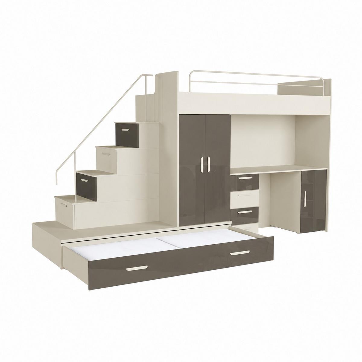 KINDERZIMMER Set RAJ 5, Hochglanz mit Hochbett, Schrank und Schreibtisch - Kaschmir/Grau, Holzwerkstoff (320/180/86cm) - Lookway