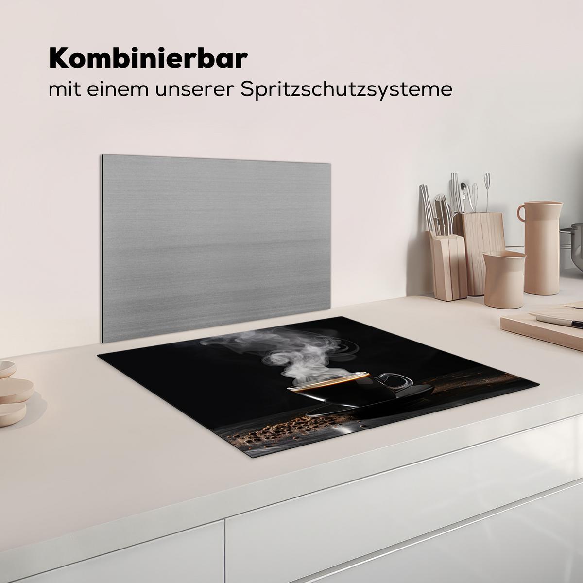 HERDABDECKPLATTE Kaffee - Schwarz - Bohnen - Heiß - Tasse Herdabdeckung Induktionsfeld 65x52 cm - Schwarz, Kunststoff (65/52/0.2cm) - MuchoWow