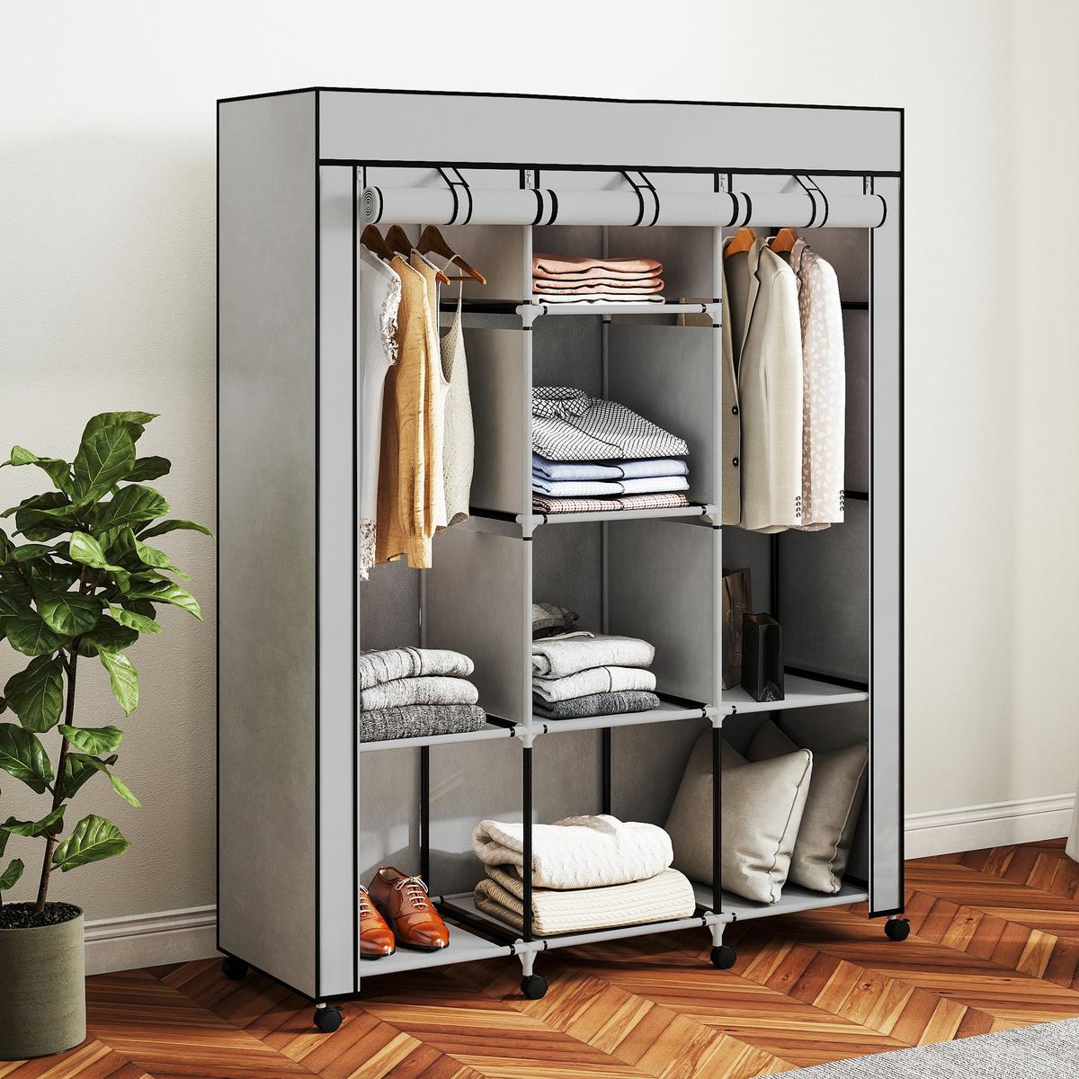 STOFFSCHRANK Faltschrank Kleiderschrank mit Kleiderstangen 8 Ebenen Hellgrau - Hellgrau/Schwarz, Kunststoff/Textil (43/162.5/125cm) - HOMCOM