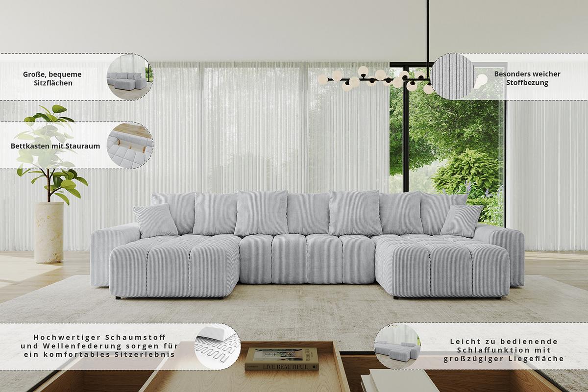WOHNLANDSCHAFT ENIL-U 401x189x68 Creme Cord - Hellgrau/Creme, Holzwerkstoff/Kunststoff (401/68/189cm) - ALTDECOR