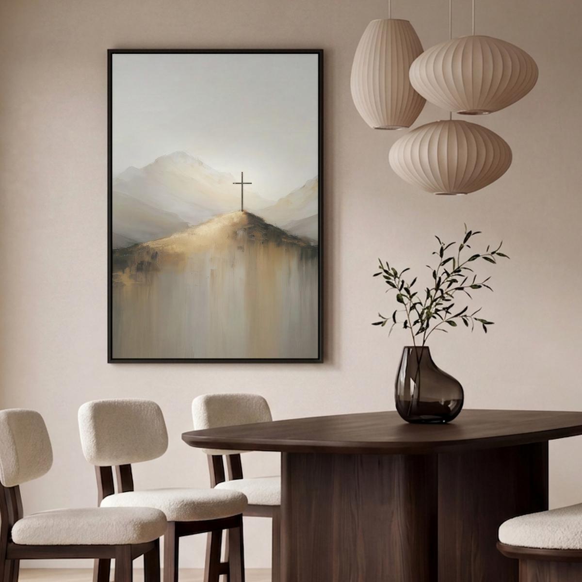 LEINWAND Bilder mit Rahmen - Hügel - Abstrakt - Kreuz - Christentum - 80x120 - Beige, Textil (80/120cm) - MuchoWow