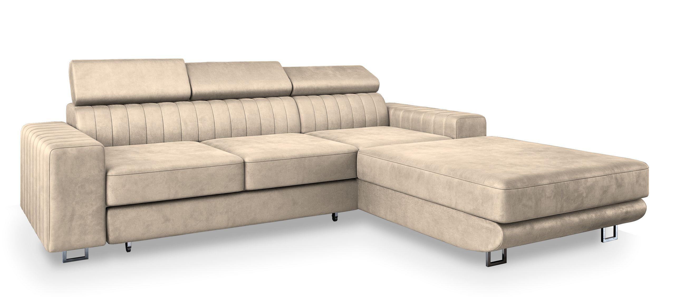 ECKSOFA NOTO R-S Creme Velours-Stoff mit Schlaffunktion - Silberfarben/Creme, Holz/Textil (267/190cm) - MASSENO