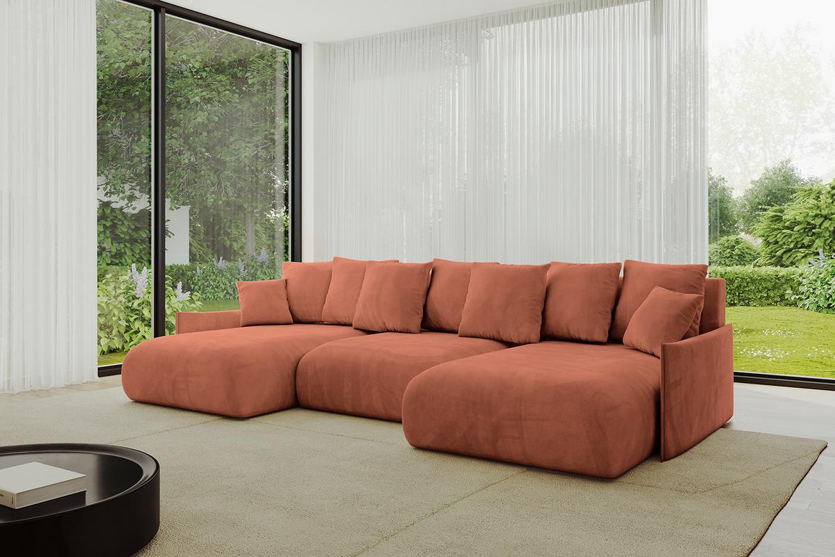WOHNLANDSCHAFT mit Schlaffunktion und Bettkasten ONESK-U-v1 317x177x72 Apricot Velours - Koralle, Holzwerkstoff/Kunststoff (317/72/177cm) - ALTDECOR