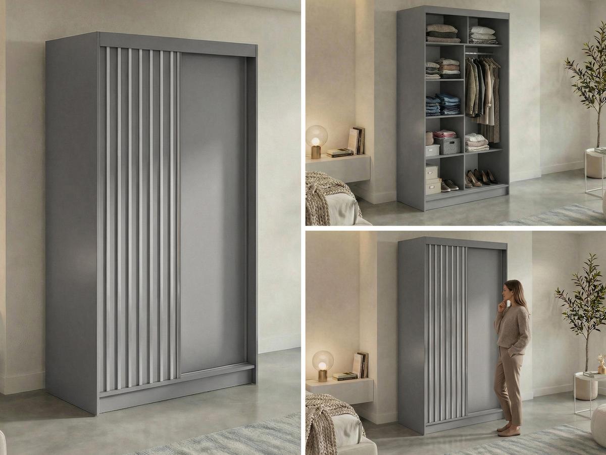 SCHWEBETÜRENSCHRANK mit Lamellen LUMOS - 120 - Grau und Weiß - Alufarben/Weiß, Holzwerkstoff/Metall (120/216/61cm) - MKS