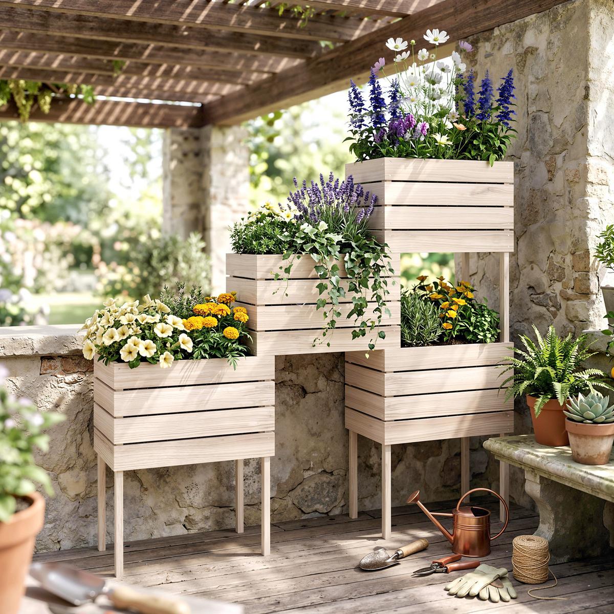 HOCHBEET Pflanzkasten aus Holz, 4 Kombinationsmodi, für Garten und Balkon, Naturholz - Fichtefarben, Holz (30/60/50cm) - Outsunny