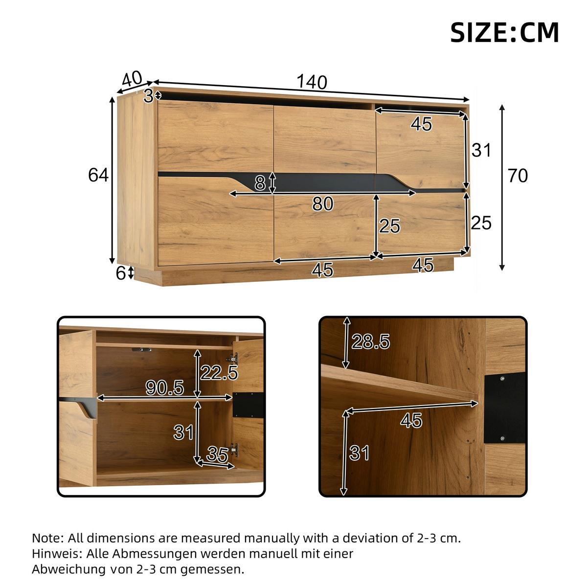 INDUSTRIE-SIDEBOARD in Holzoptik und Schwarz, 3 Türen - Beige, Textil (40/70/140cm) - Urban Meuble