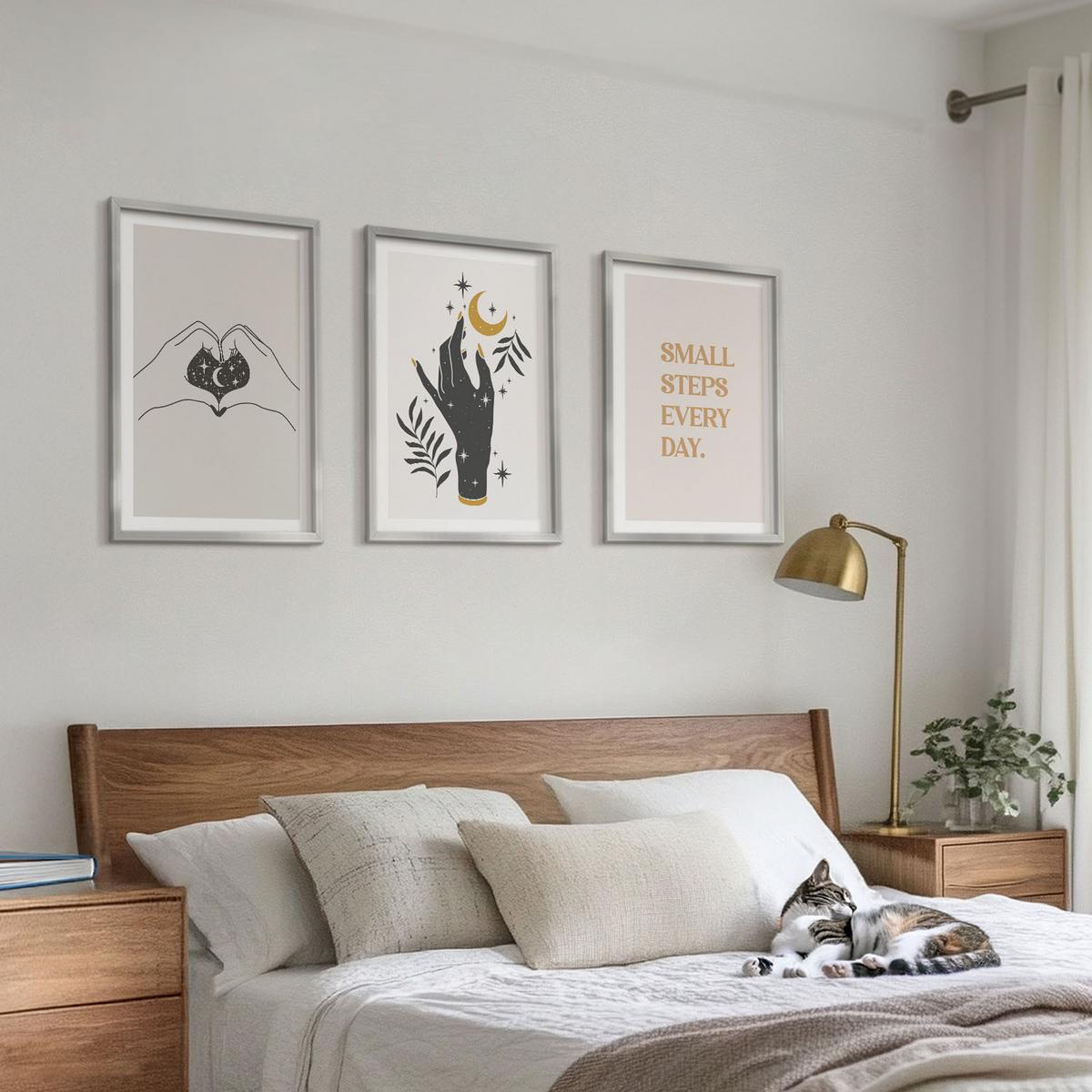 BILDER SET 3er Set - 40x60 cm Silberner Rahmen - Minimalistische Boho-Illustrationen - Silberfarben, Kunststoff (40/60cm) - TULUP