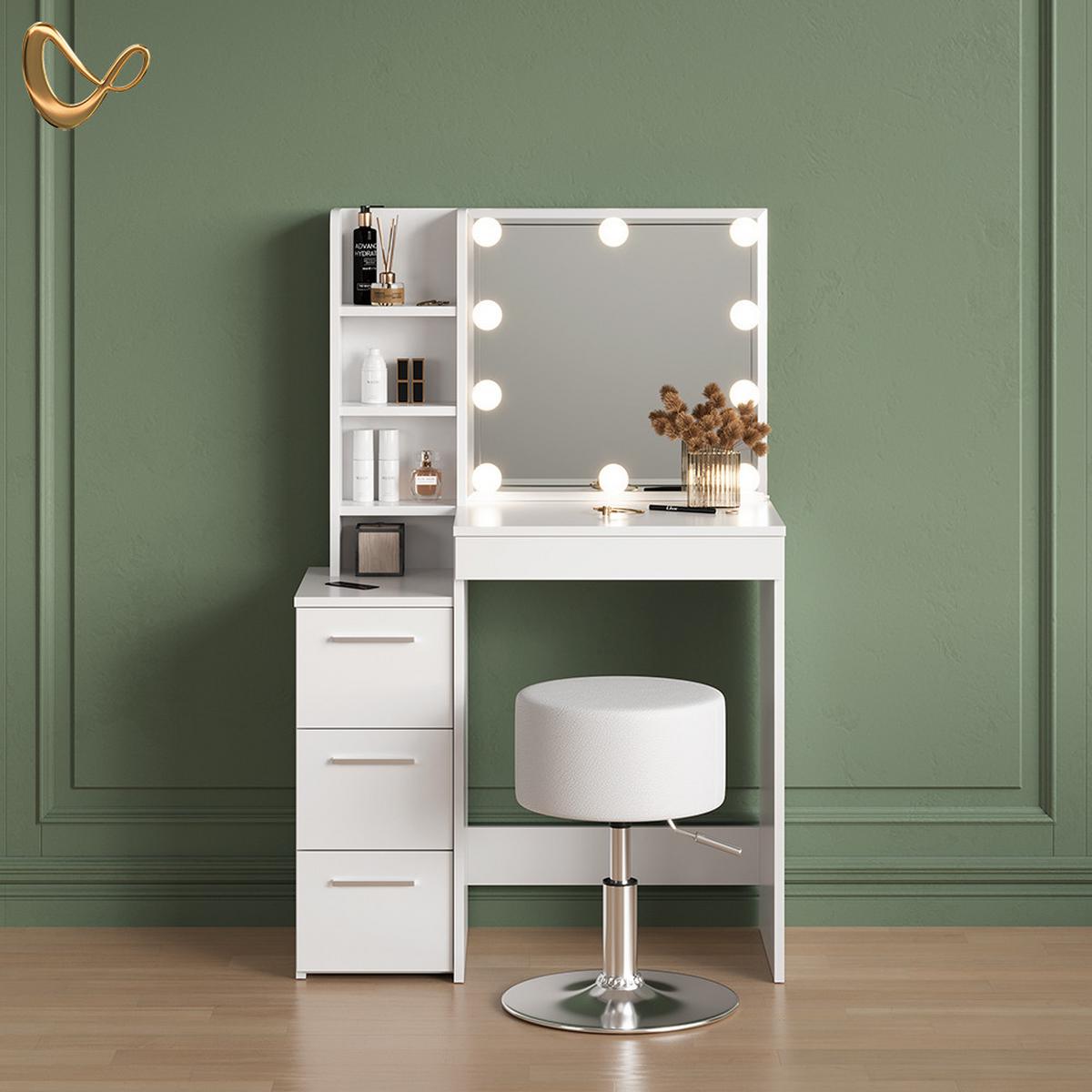 SCHMINKTISCH Ivera Weiß mit LED Beleuchtung und Hocker - Weiß, Holzwerkstoff (79.9/127.4/40cm) - Livinity®
