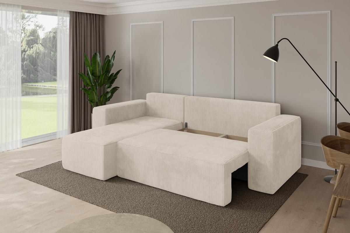 ECKSOFA mit Schlaffunktion Ottomane Links SENO-L 249x139x85 Beige Cord - Beige/Schwarz, Holzwerkstoff/Kunststoff (249/139cm) - ALTDECOR