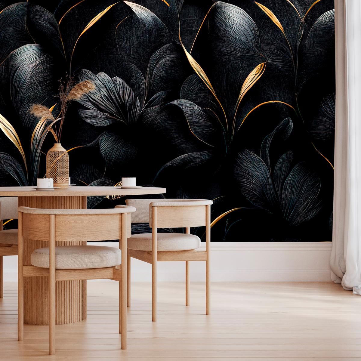 FOTOTAPETE für Wohnzimmer Schwarze Blätter Gold Luxus 100x70 - Goldfarben/Schwarz, Papier (100/70cm) - Muralo