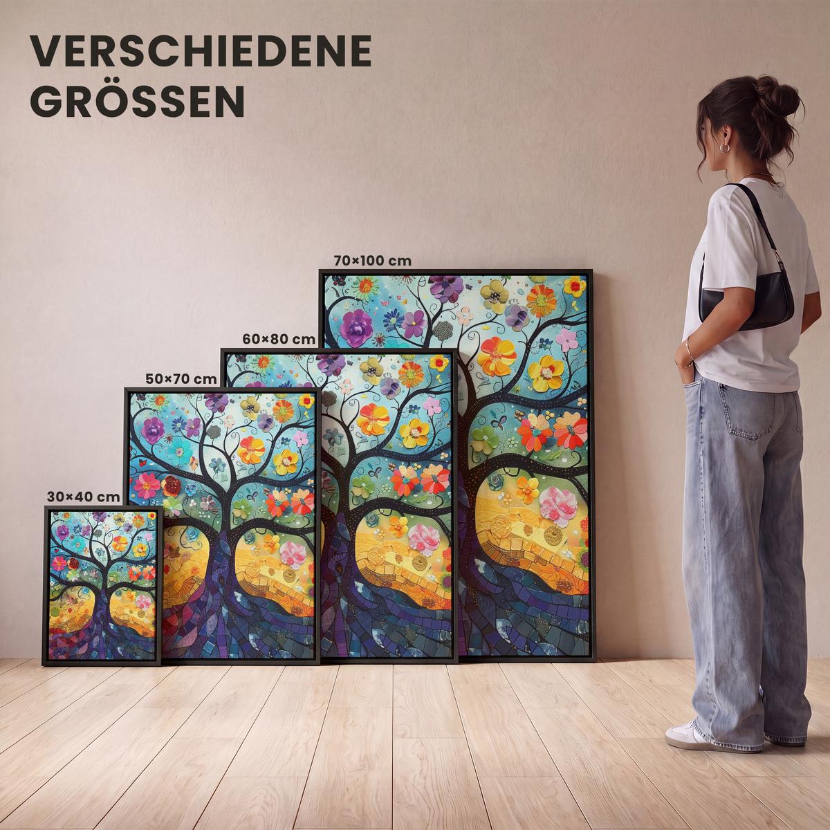 LEINWAND Bilder mit Rahmen - Kunst - Baum des Lebens - Blumen - Hippie - 70x100 - Dunkelblau, Textil (70/100cm) - MuchoWow