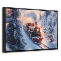 LEINWAND Bilder mit Rahmen - Weihnachtszug - Schnee - Winter - Weihnachten - 60x40 - Dunkelrot, Textil (60/40cm) - MuchoWow