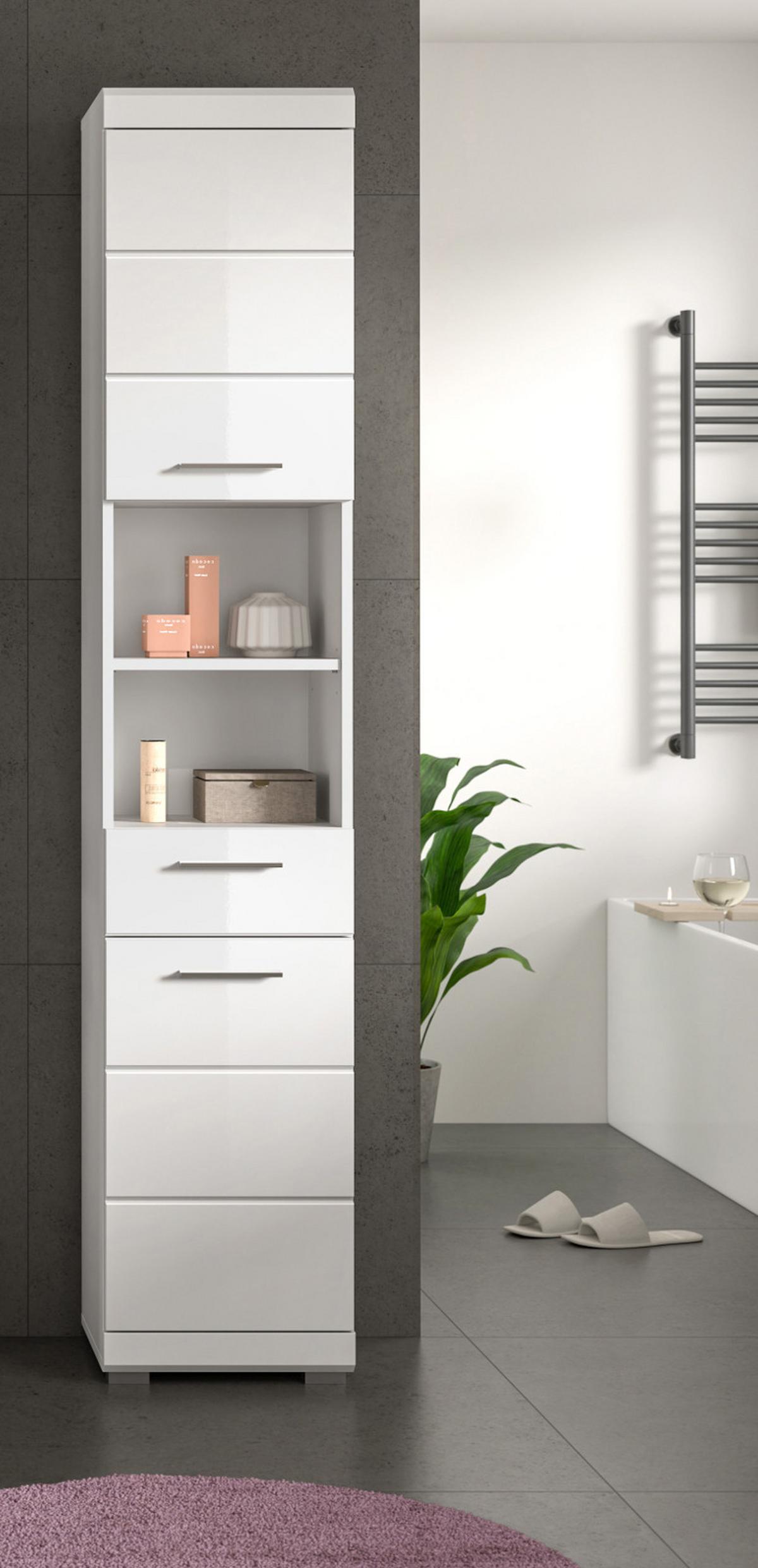 HOCHSCHRANK weiß Hochglanz 37 cm, Badschrank mit 6 Fächern - Weiß Hochglanz/Silberfarben, Holzwerkstoff/Kunststoff (37/191/31cm) - Inn.Furn