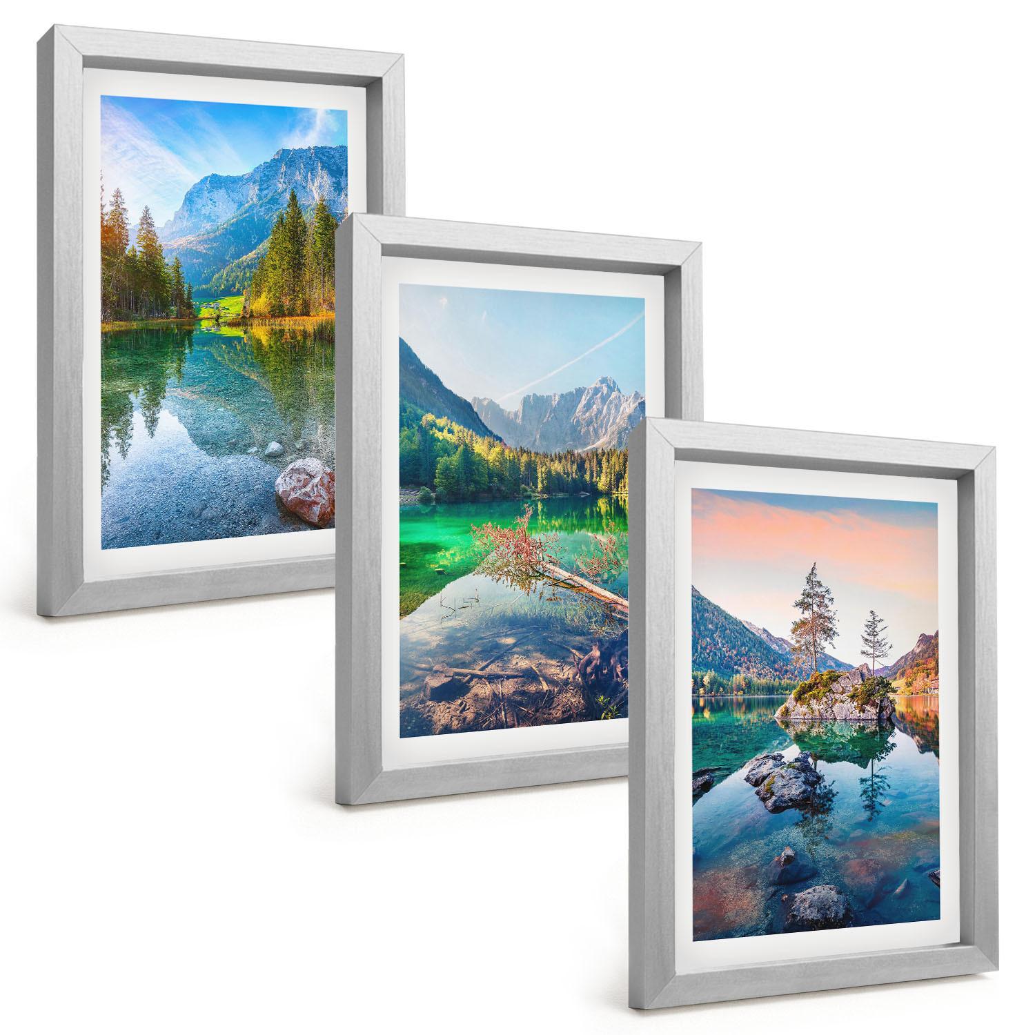BILDER SET 3er Set - 20x30 cm Silberner Rahmen - Naturlandschaft der Bergseen - Silberfarben, Kunststoff (20/30cm) - TULUP