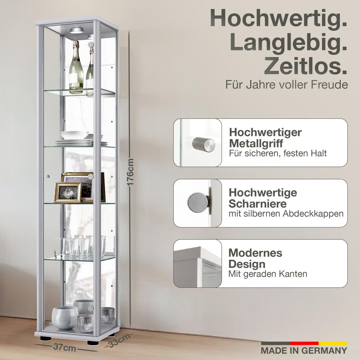 GLASVITRINE 33/37/176 cm mit Spiegel, LED & 4 höhenverstellbaren Glasböden - Transparent/Silberfarben, Glas/Holzwerkstoff (37/176/33cm) - K-Möbel