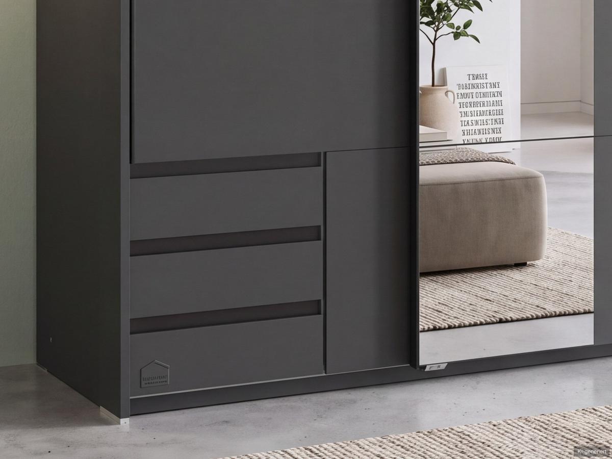 SCHWEBETÜRENSCHRANK 2-türig B138/H200/T65 cm, Passepartout-Kleiderschrank in Grafit mit sichtbaren Schubkästen & Spiegel / 22686 - Graphitfarben/Schwarz, Holz/Holzwerkstoff (138/200/65cm) - luma-home