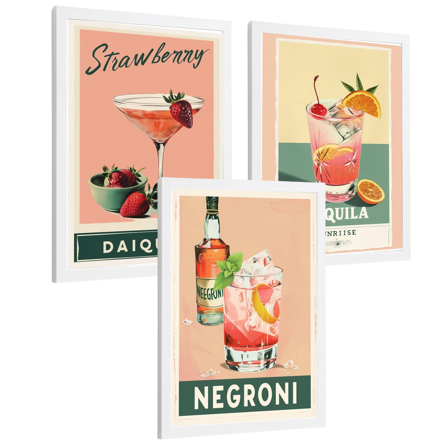 POSTER 3er Set Cocktail-Wandbilder Daiquiri Tequila Sunrise und Negroni Vintage Küche Bar Deko Weißer Rahmen A3 - Weiß, Papier (29.7/1/42cm) - Nacnic