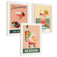 POSTER 3er Set Cocktail-Wandbilder Daiquiri Tequila Sunrise und Negroni Vintage Küche Bar Deko Weißer Rahmen A3 - Weiß, Papier (29.7/1/42cm) - Nacnic