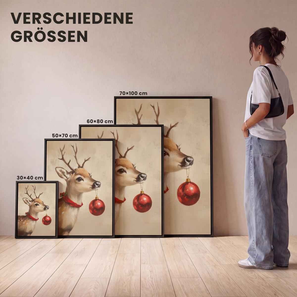 LEINWAND Bilder mit Rahmen - Weihnachten - Hirsch - Geweih - Weihnachtskugel - Rentier - 30x40 - Hellbraun, Textil (30/40cm) - MuchoWow