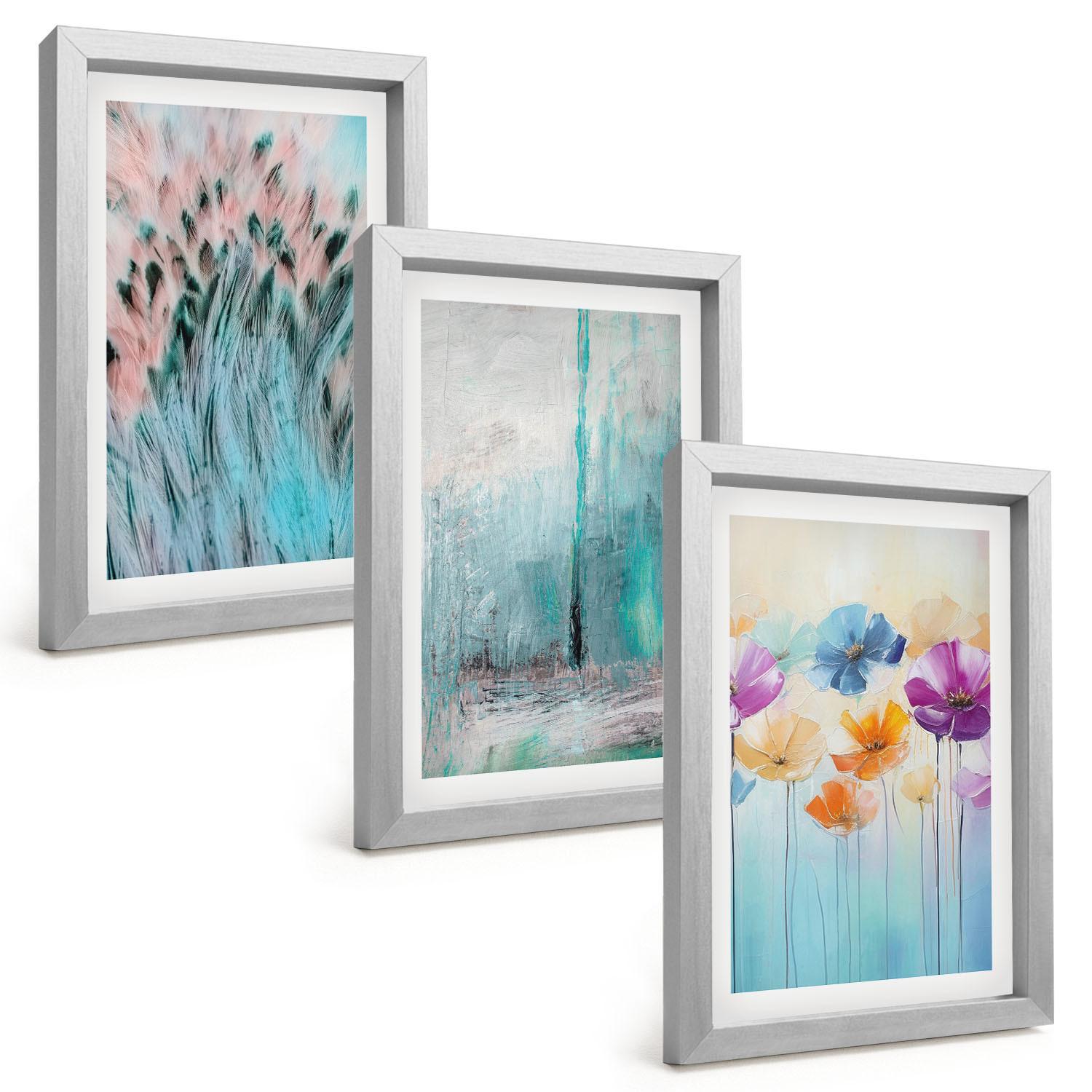 BILDER SET 3er Set - 20x30 cm Silberner Rahmen - Hintergrundmuster mit Pastellblumen - Silberfarben, Kunststoff (20/30cm) - TULUP