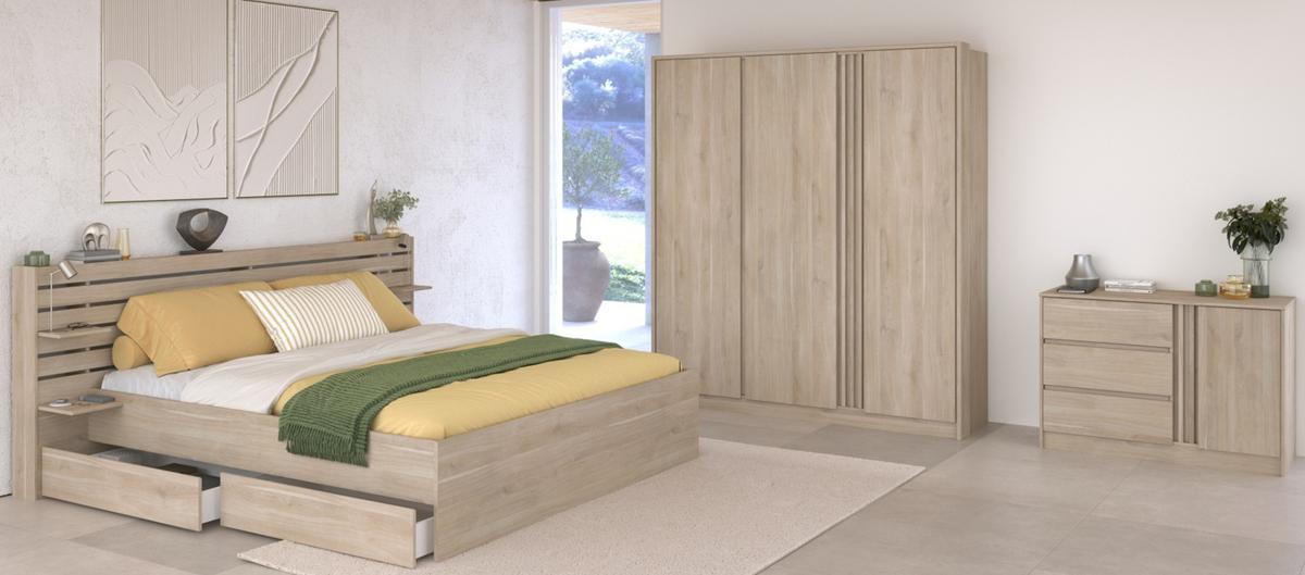 JUGENDZIMMER 3-teilig, Eiche japanisch, Komplettset mit Bett 160 x 200, Kleiderschrank, Kommode - Eichefarben, Holzwerkstoff (185/203/217cm) - Parisot Meuble