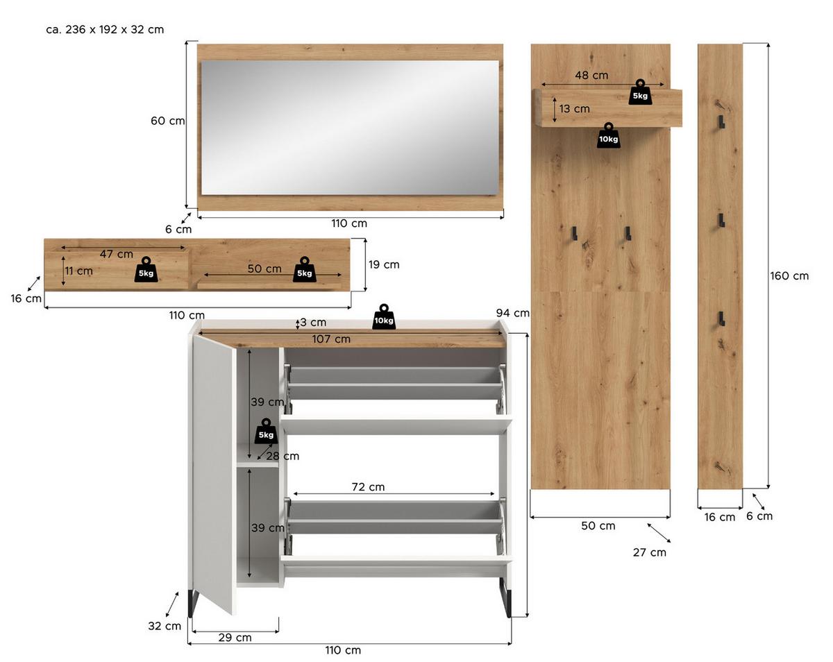 GARDEROBE-SET weiß und Artisan Eiche, Garderobe 5-teilig, 236 x 192 cm, Soft-Close, Borga - Schwarz/Weiß, Holzwerkstoff/Metall (236/192/32cm) - Inn.Furn