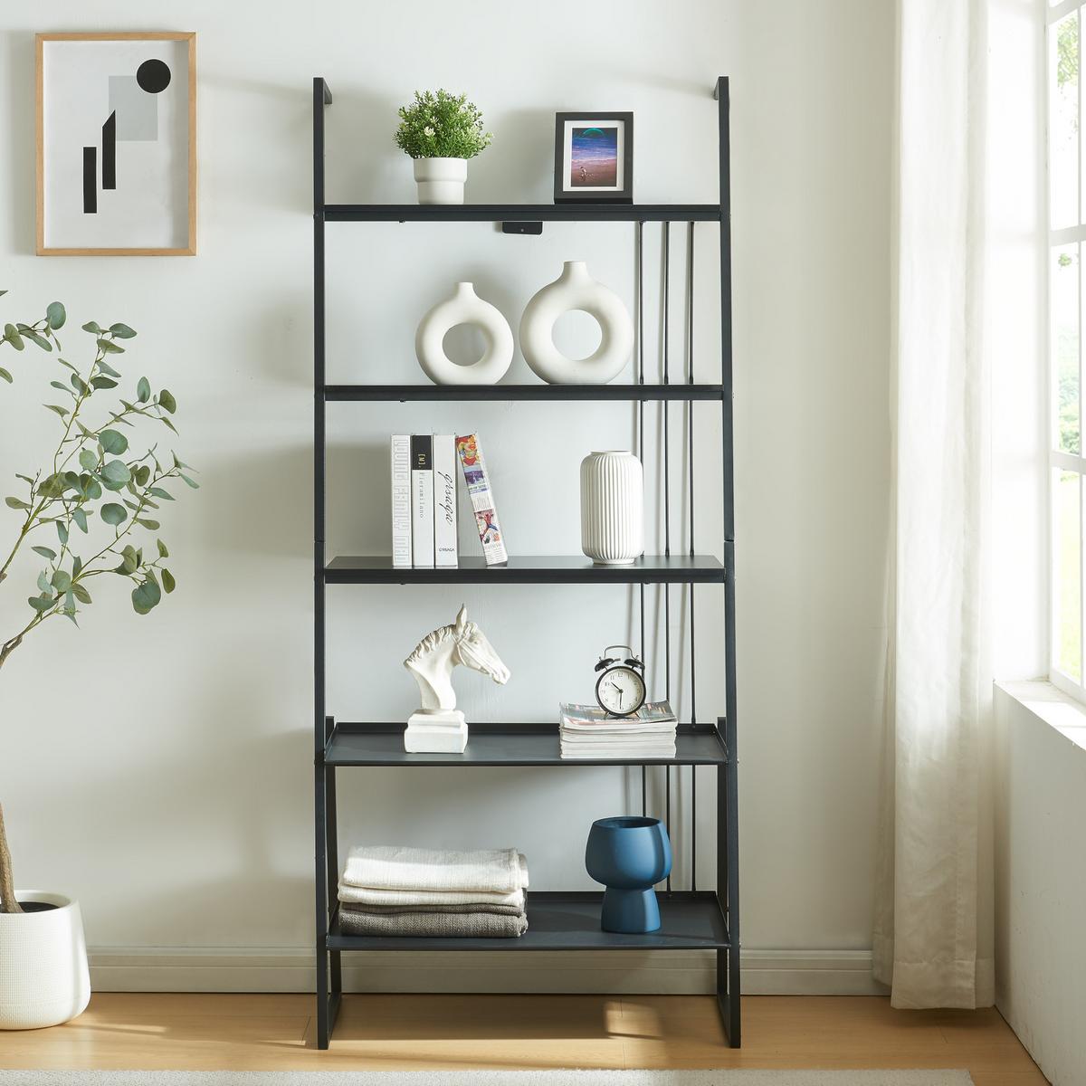 LEITERREGAL Storfjord - Schwarz, Holzwerkstoff/Metall (80/183.5/40cm) - [en.casa]