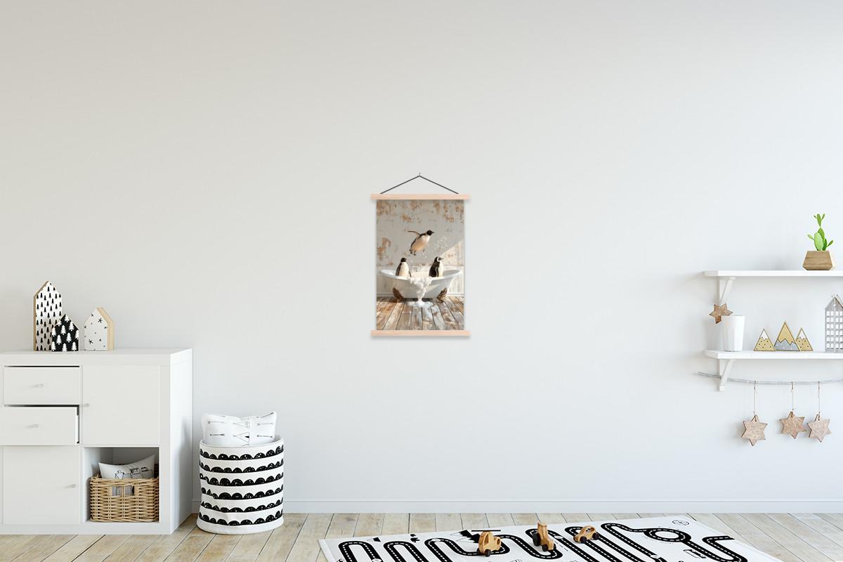 POSTER MIT MAGNETLEISTEN Vintage - Pinguin - Badewanne - Schaumstoff Deko Wohnzimmer 40x60 cm - Schwarz, Textil (40/60/0.15cm) - MuchoWow